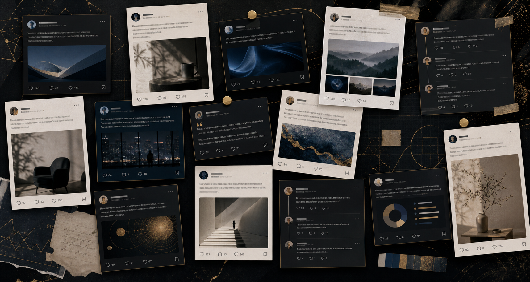 Colagem decorativa de postagens fictícias em redes sociais